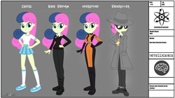 Size: 3325x1878 | Tagged: safe, artist:invisibleink, character:bon bon, character:sweetie drops, my little pony:equestria girls, alternate design, bodysuit, boots, clothing, coat, fanfic, fanfic art, fedora, hat, shoes, skirt, spy, trenchcoat, uniform