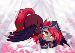 Size: 3465x2454 | Tagged: safe, artist:rioshi, artist:sparkling_light, artist:starshade, species:pegasus, species:pony, blushing, female, league of legends, looking at you, mare, petals, ponified, slit eyes, slit pupils, solo, xayah