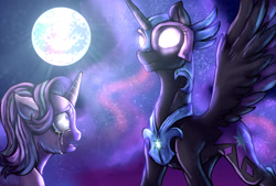 Size: 1500x1016 | Tagged: safe, artist:not-ordinary-pony, derpibooru original, character:nightmare twilight sparkle, character:starlight glimmer, character:twilight sparkle, species:alicorn, species:pony, species:unicorn, banishment, crying, duo, evil twilight, female, glowing eyes, mare, mare in the moon, moon, nightmarified, starlight is ahsoka, twilight is anakin, tyrant sparkle