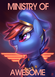 Size: 1754x2480 | Tagged: safe, artist:jedayskayvoker, part of a set, character:rainbow dash, species:pegasus, species:pony, fallout equestria, bust, clothing, fanfic, fanfic art, female, grin, hat, mare, ministry mares, ministry of awesome, pilot, portrait, poster, smiling, solo, wings