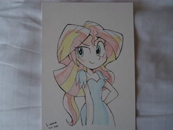 Size: 4096x3072 | Tagged: safe, artist:k-nattoh, character:sunset shimmer, my little pony:equestria girls, blushing, clothing, dress, irl, photo, smiling, solo, traditional art