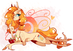 Size: 1416x988 | Tagged: safe, artist:manella-art, character:pear butter, species:earth pony, species:pony, apple, female, food, lying down, mare, pear, prone, solo, unshorn fetlocks