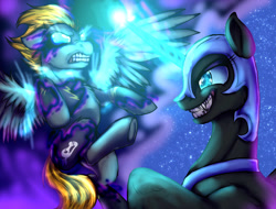 Size: 1500x1142 | Tagged: safe, artist:not-ordinary-pony, derpibooru original, character:nightmare moon, character:princess luna, oc, oc:blaze (shadowbolt), species:pony, abstract background, clothing, commission, costume, duo, evil grin, glowing eyes, glowing horn, grin, horn, shadowbolts, shadowbolts costume, simple background, smiling, transformation