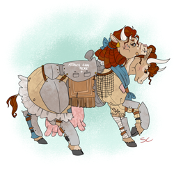 Size: 2000x2000 | Tagged: safe, artist:sourcherry, oc, oc only, oc:nameless, species:cow, species:pony, fallout equestria, armor, brahmin, clothing, cloven hooves, crotchboobs, curly hair, fallout, female, horns, multiple heads, nudity, ribbon, scar, scarf, skirt, solo, teats, two heads, udder, wasteland ventures