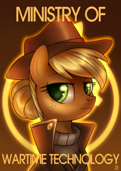 Size: 1754x2480 | Tagged: safe, artist:jedayskayvoker, part of a set, character:applejack, species:earth pony, species:pony, fallout equestria, alternate hairstyle, bust, clothing, coat, cowboy hat, fanfic, fanfic art, female, hat, hooves, mare, ministry mares, ministry of wartime technology, portrait, poster, solo
