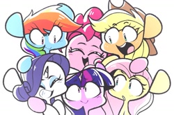 Size: 1272x847 | Tagged: safe, artist:sourspot, character:applejack, character:fluttershy, character:pinkie pie, character:rainbow dash, character:rarity, character:twilight sparkle, character:twilight sparkle (alicorn), species:alicorn, species:earth pony, species:pegasus, species:pony, species:unicorn, big ears, chibi, clothing, cowboy hat, end of ponies, eyes closed, female, group, hat, mane six, mare, no nose, simple background, smiling, white background