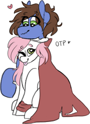 Size: 1146x1577 | Tagged: safe, artist:liefsong, oc, oc:bizarre song, oc:sugar morning, species:pony, blep, cape, clothing, couple, cute, sugarre, tongue out