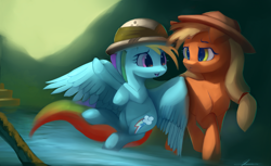 Size: 4900x3000 | Tagged: safe, artist:auroriia, character:applejack, character:rainbow dash, species:earth pony, species:pegasus, species:pony, adventure, clothing, hat, jungle, missing accessory, pith helmet, river
