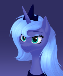 Size: 2331x2787 | Tagged: safe, artist:lesik-starshade, artist:starshade, character:princess luna, species:alicorn, species:pony, bust, crown, cute, eyeshadow, female, gradient background, high res, jewelry, lidded eyes, makeup, mare, peytral, portrait, regalia, s1 luna, smiling, solo
