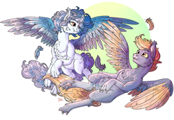 Size: 4247x2937 | Tagged: safe, artist:sourcherry, oc, oc only, species:pony, claws, curly hair, curly mane, feather, fluffy, flying, hengstwolf, simple background, werewolf, wings
