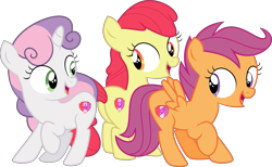 Size: 6089x3746 | Tagged: safe, artist:digimonlover101, edit, editor:slayerbvc, character:apple bloom, character:scootaloo, character:sweetie belle, species:earth pony, species:pegasus, species:pony, species:unicorn, episode:surf and/or turf, g4, my little pony: friendship is magic, absurd resolution, accessory-less edit, cute, cutie mark, cutie mark crusaders, female, filly, missing accessory, open mouth, simple background, the cmc's cutie marks, transparent background, trio, vector, vector edit