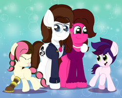 Size: 5100x4100 | Tagged: safe, artist:aarondrawsarts, oc, oc:brain teaser, oc:danny bloom, oc:lilly bloom, oc:rose bloom, species:earth pony, species:pony, alternate style, amputee, beard, brainbloom, clothing, colt, congenital amputee, dress, epilogue, facial hair, family, father, female, filly, future, husband and wife, jewelry, male, mother, necklace, oc x oc, older, older aaron the pony, older rose bloom, post-finale, prosthetic leg, prosthetic limb, prosthetics, ring, shipping, sticking tongue out, suit, wedding ring