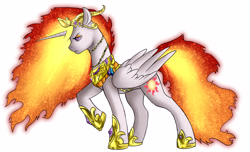 Size: 2683x1632 | Tagged: safe, artist:not-ordinary-pony, derpibooru original, character:nightmare star, character:princess celestia, species:alicorn, species:pony, female, mane of fire, nightmarified, simple background, solo, white background