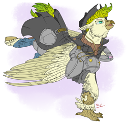 Size: 3000x3000 | Tagged: safe, artist:sourcherry, oc, species:classical hippogriff, species:hippogriff, armor, claws, clothing, coat, galloping, hat, hippogriff oc, pants, solo, wasteland ventures, wings