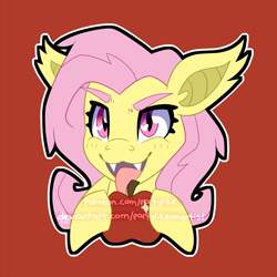 Size: 4000x4000 | Tagged: safe, artist:partylikeanartist, patreon reward, character:flutterbat, character:fluttershy, species:bat pony, species:pegasus, species:pony, apple, bat ponified, blushing, fangs, female, food, looking at you, obtrusive watermark, patreon, race swap, solo, sticker, tongue out, watermark, wingding eyes