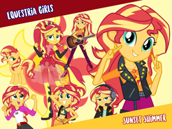 Size: 1440x1080 | Tagged: safe, artist:famousmari5, artist:keronianniroro, artist:sugar-loop, artist:twilirity, artist:whalepornoz, character:sunset shimmer, species:pony, species:unicorn, episode:game stream, episode:let it rain, equestria girls:forgotten friendship, equestria girls:legend of everfree, g4, my little pony: equestria girls, my little pony:equestria girls, spoiler:eqg series (season 2), bikini, camp everfree outfits, camper, clothing, cute, cutie mark, female, geode of empathy, guitar, headphones, looking at you, magical geodes, mare, musical instrument, open mouth, pants, ponied up, shoes, shorts, skirt, super ponied up, swimsuit, vector, wallpaper