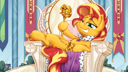 Size: 3840x2160 | Tagged: safe, artist:pirill, character:derpy hooves, character:flash sentry, character:sunset shimmer, species:pony, species:unicorn, episode:the last problem, g4, my little pony: friendship is magic, banner, bush, canon, cape, cheek fluff, clothing, column, crown, cutie mark, female, flower, grin, happy birthday mlp:fim, jewelry, mlp fim's ninth anniversary, on side, regalia, scepter, sitting, smiling, smug, solo focus, throne, throne room, twilight scepter