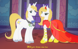 Size: 2786x1773 | Tagged: safe, artist:eqamrd, character:prince blueblood, species:pony, species:unicorn, bedroom eyes, blonde, canterlot castle, clothing, cutie mark, dress, duality, evening dress, female, flower, gala dress, grand galloping gala, happy birthday mlp:fim, implied selfcest, implied transformation, implied transgender, implied transgender transformation, jewelry, looking at you, magic, male, mare, mlp fim's ninth anniversary, ponidox, prince, princess, princess bluebelle, rose, royalty, rule 63, self ponidox, selfcest, shipping, stallion, text, tongue out