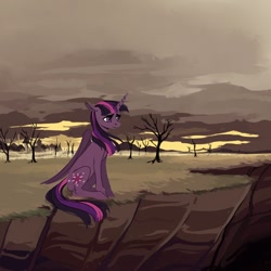 Size: 1080x1080 | Tagged: safe, artist:weird--fish, character:twilight sparkle, character:twilight sparkle (alicorn), species:alicorn, species:pony, bare tree, cliff, female, mare, sitting, solo, tree