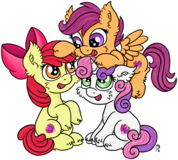 Size: 943x847 | Tagged: safe, artist:dawn-designs-art, character:apple bloom, character:scootaloo, character:sweetie belle, species:earth pony, species:pegasus, species:pony, species:unicorn, cheek fluff, cute, cutie mark, cutie mark crusaders, ear fluff, female, filly, fluffy, group, happy, hoof fluff, leg fluff