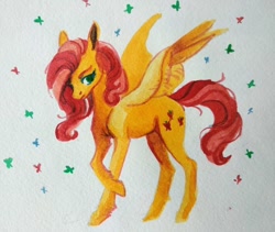 Size: 1200x1014 | Tagged: safe, artist:weird--fish, character:fluttershy, species:pegasus, species:pony, crossed hooves, female, mare, simple background, solo, spread wings, standing, three quarter view, traditional art, watercolor painting, white background, wings