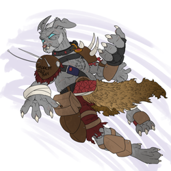 Size: 3000x3000 | Tagged: safe, artist:sourcherry, oc, oc only, oc:gregory, species:anthro, species:diamond dog, species:digitigrade anthro, fallout equestria, angry, armor, collar, diamond dog oc, fat, fur, hellhound, jumping, solo, wasteland ventures