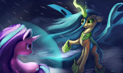 Size: 4200x2500 | Tagged: safe, artist:auroriia, character:queen chrysalis, character:starlight glimmer, species:changeling, species:pony, species:unicorn, episode:the ending of the end, g4, my little pony: friendship is magic, :t, changeling queen, digital art, female, looking at each other, magic, scene interpretation, starlight vs chrysalis, ultimate chrysalis