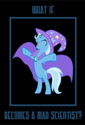 Size: 707x1031 | Tagged: safe, artist:mega-poneo, character:trixie, species:pony, species:unicorn, bipedal, black background, cape, clothing, eyes closed, female, happy, hat, mad scientist, mare, meme, simple background, solo, trixie's cape, trixie's hat