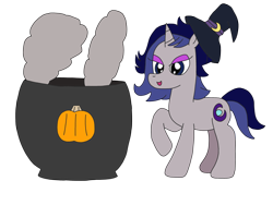 Size: 3264x2448 | Tagged: safe, artist:supahdonarudo, part of a set, oc, oc only, oc:moonlit silver, species:pony, species:unicorn, cauldron, clothing, halloween, hat, holiday, pumpkin, simple background, smoke, transparent background, witch hat