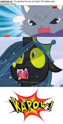 Size: 796x1561 | Tagged: safe, artist:mega-poneo, edit, edited screencap, screencap, character:queen chrysalis, species:changeling, episode:the ending of the end, g4, my little pony: friendship is magic, angry, anime, cat, changeling queen, comic, crossover, dialogue, dian, female, jewelpet, kapow, mega poneo strikes again, meme, mulan, oh crap, punch, sanrio, screencap comic, sega, ultimate chrysalis, yao