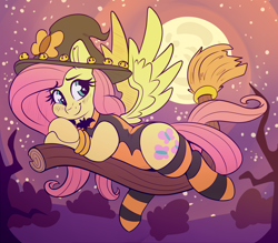 Size: 3064x2678 | Tagged: safe, artist:graphene, character:fluttershy, species:pegasus, species:pony, adorasexy, blushing, broom, clothing, cute, female, flying, flying broomstick, full moon, hat, high res, leotard, mare, moon, sexy, shyabetes, smiling, socks, solo, spread wings, striped socks, wings, witch hat