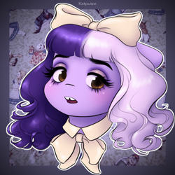 Size: 1654x1654 | Tagged: safe, artist:katputze, species:pony, bow, bust, female, hair bow, mare, melanie martinez, open mouth, ponified, portrait, solo, tooth gap, white outline