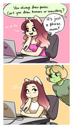Size: 1300x2274 | Tagged: safe, artist:katputze, oc, oc only, oc:crimson sunset, ponysona, species:anthro, species:earth pony, species:unicorn, g4, anthro oc, braces, caught, clothing, comic, computer, drawing, drawing tablet, earth pony oc, female, it's a phase, it's not a phase, laptop computer, mare, mother, mother and daughter, shirt, sitting, stylus, t-shirt, teenager, then and now, unicorn oc, younger