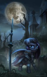 Size: 1548x2500 | Tagged: safe, artist:jedayskayvoker, oc, oc only, oc:luna farrowe, species:pony, batpony costume, bloodborne, commission, crossover, double bladed sword, female, full moon, glasses, high res, house, mare, moon, outdoors, solo, sword, vampire hunter, video game crossover, weapon