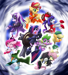 Size: 3900x4300 | Tagged: safe, artist:geraritydevillefort, character:applejack, character:fluttershy, character:pinkie pie, character:rainbow dash, character:rarity, character:spike, character:starlight glimmer, character:sunset shimmer, character:twilight sparkle, species:dragon, species:pony, clothing, costume, digital art, dress, elizabeth bathory, fate/apocrypha, fate/extra, fate/grand order, female, jack the ripper, mane six, mare, marie antoinette, mash kyrielight, nero claudius caesar augustus germanicus, paul bunyan, ritsuka fujimaru, robin hood, scathach-skadi, smiling