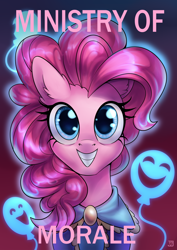 Size: 1754x2480 | Tagged: safe, artist:jedayskayvoker, part of a set, character:pinkamena diane pie, character:pinkie pie, species:earth pony, species:pony, fallout equestria, bust, ear fluff, fanfic, fanfic art, female, grin, looking at you, mare, ministry mares, ministry of morale, portrait, poster, smiling, solo, text