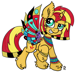 Size: 1907x1806 | Tagged: safe, artist:dawn-designs-art, character:sunset shimmer, species:pony, species:unicorn, alternate hairstyle, clothing, cosplay, costume, cute, ear fluff, egypt, egyptian, egyptian pony, female, fluffy, halloween, halloween costume, holiday, leg fluff, mare, nightmare night, simple background, solo, sunset, transparent background