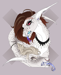 Size: 1280x1575 | Tagged: safe, artist:dementra369, oc, oc only, species:pony, collar, couple, eyeshadow, fangs, forked tongue, freckles, long ears, makeup, piercing, scar