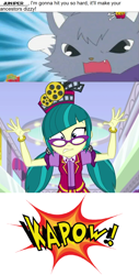 Size: 796x1561 | Tagged: safe, artist:mega-poneo, edit, edited screencap, screencap, character:juniper montage, equestria girls:mirror magic, g4, my little pony: equestria girls, my little pony:equestria girls, spoiler:eqg specials, angry, anime, arms in the air, cat, crossover, dialogue, dian, glasses, jewelpet, kapow, mega poneo strikes again, meme, mulan, oh crap, punch, sanrio, sega, yao