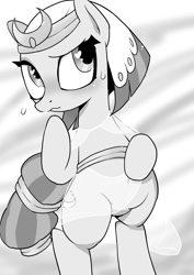Size: 1700x2400 | Tagged: safe, artist:k-nattoh, character:somnambula, species:pegasus, species:pony, g4, belly, belly button, bipedal, cute, female, mare, monochrome, shy, solo, standing, wingding eyes