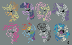 Size: 3000x1856 | Tagged: safe, artist:dawn-designs-art, character:applejack, character:dj pon-3, character:fluttershy, character:octavia melody, character:pinkie pie, character:rainbow dash, character:rarity, character:twilight sparkle, character:vinyl scratch, abstract, abstract art, bust, digital art, eyes closed, gray background, mane six, modern art, portrait, simple background, swirls