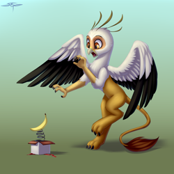 Size: 3000x3000 | Tagged: safe, artist:setharu, oc, oc:vistamage, species:griffon, banana, box, food, heraldric rampancy, scared, solo, spread wings, tail, wings