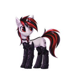 Size: 1704x1794 | Tagged: safe, artist:setharu, oc, oc only, oc:blackjack, species:pony, species:unicorn, fallout equestria, fallout equestria: project horizons, amputee, augmented, biohacking, cyber legs, cyborg, fanfic, fanfic art, female, hooves, horn, level 2 (project horizons), mare, prosthetic leg, prosthetic limb, prosthetics, simple background, solo, transparent background