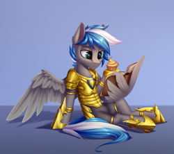 Size: 3000x2662 | Tagged: safe, artist:setharu, oc, oc:cloud zapper, species:pegasus, species:pony, armor, book, cupcake, dessert, food, hoof shoes, male, reading, sitting, solo, stallion, wing hands, wing hold, wings