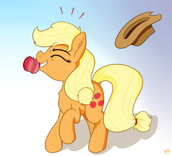 Size: 3000x2728 | Tagged: safe, artist:yakoshi, character:applejack, species:earth pony, species:pony, apple, body freckles, chest fluff, clothing, eyes closed, female, food, freckles, gradient background, happy, hat, high res, mare, mouth hold, raised hoof, solo