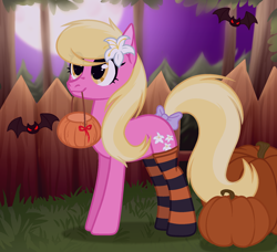 Size: 1800x1640 | Tagged: safe, artist:rioshi, artist:sparkling_light, artist:starshade, character:lily, character:lily valley, species:bat, species:earth pony, species:pony, bow, clothing, cute, female, fence, flower, flower in hair, halloween, holiday, mare, moon, mouth hold, night, pumpkin, pumpkin bucket, smiling, socks, solo, striped socks, tail bow, tree
