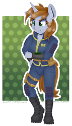 Size: 4000x7000 | Tagged: safe, alternate version, artist:partylikeanartist, oc, oc only, oc:littlepip, species:anthro, species:pony, species:unicorn, fallout equestria, absurd resolution, boots, clothing, combat boots, fallout, fanfic, fanfic art, female, hand, horn, mare, pipbuck, shoes, simple background, solo, vault suit