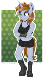 Size: 4000x7000 | Tagged: safe, alternate version, artist:partylikeanartist, oc, oc only, oc:littlepip, species:anthro, species:pony, species:unicorn, fallout equestria, absurd resolution, belly button, boots, boxers, bra, clothing, combat boots, fallout, fanfic, fanfic art, female, hand, horn, mare, pipbuck, shoes, simple background, solo, sports bra, stomach, tomboy, underwear, underwear edit