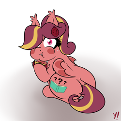Size: 1280x1280 | Tagged: safe, artist:yakoshi, oc, oc:minutiae, species:bat pony, species:pony, :t, bat pony oc, blush sticker, blushing, chubby, dilated pupils, eating, female, hairpin, looking at you, mare, one eye covered, plum, solo, surprised, sweat