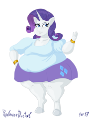 Size: 800x1083 | Tagged: safe, artist:professordoctorc, character:rarity, species:anthro, species:unguligrade anthro, series:r is for rarity, bbw, clothing, cutie mark on clothes, equestria girls outfit, fat, female, obese, raritubby, shirt, skirt, solo, thighs, thunder thighs